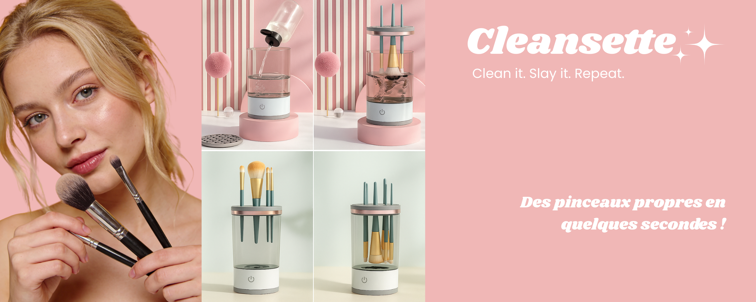 Nettoyeur USB Cleansette pour pinceaux de maquillage, présentation du produit avec modèle et démonstration du lavage des pinceaux.