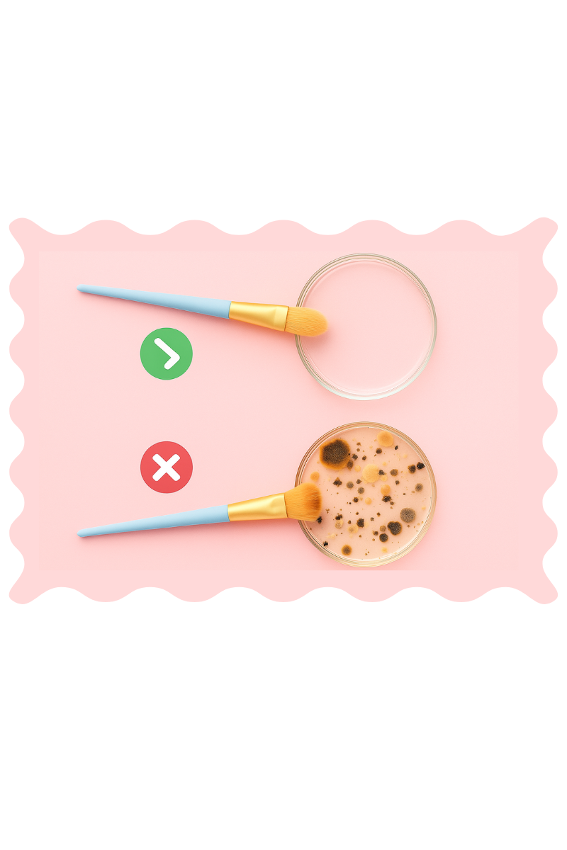 Comparaison entre un pinceau de maquillage propre et un pinceau contaminé avec des bactéries dans une boîte de pétri, illustrant l’importance du nettoyage.